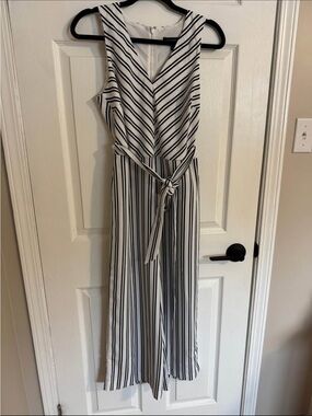 Banana Republic Black and White Striped V-Neck Wide-Leg Jumpsuit
